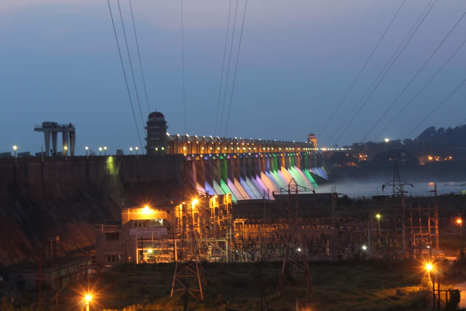 TB dam illuminated at night, near Hosapete, Karnataka