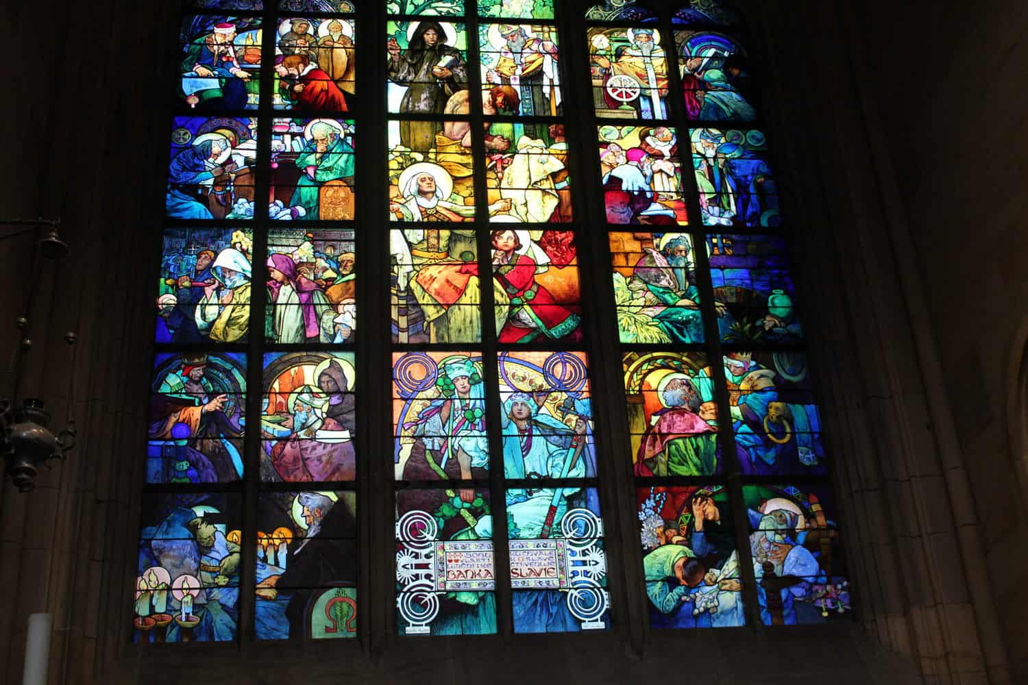 Art Nouveau stained glass at St. Vitus Cathedral, Prague, Czech Republic