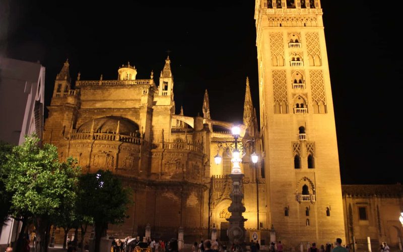 Cathedral and Bell tower at night, Seville, Spain